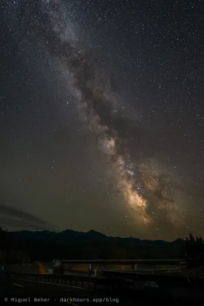 Vertical view of the Milky Way core over the dam road at Applegate Lake, Oregon