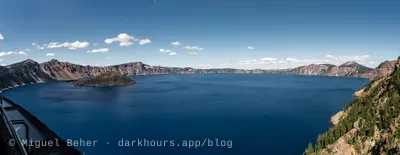 Panorama of Crater Lake and Wizard Island from the rim, Crater Lake National Park, Oregon