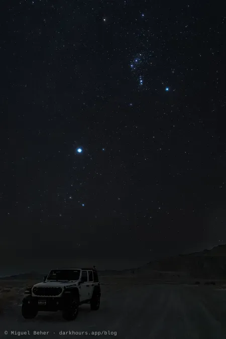 Orion and Sirius over a Jeep Wrangler at the Knolls Recreation Area