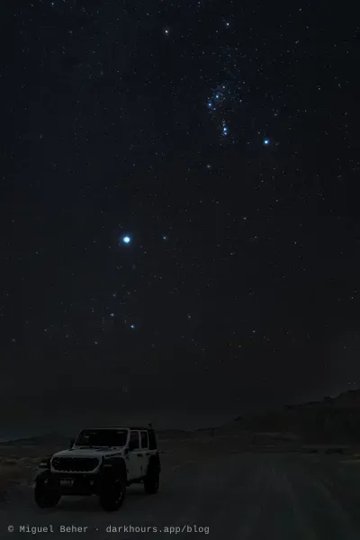 Orion and Sirius over a Jeep Wrangler at the Knolls Recreation Area