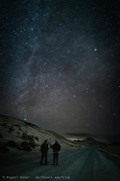 Two stargazers on a dirt road under the winter Milky Way, Knolls Recreation Area, Utah
