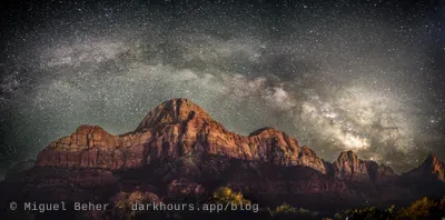 Panorama of the Milky Way core over the Watchman, Zion National Park
