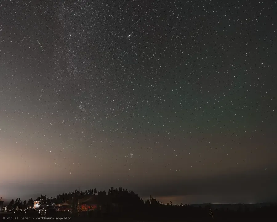 Perseid fireballs with the Andromeda Galaxy, Triangulum Galaxy, the Pleiades, and a faint aurora over Mt. Ashland, Oregon