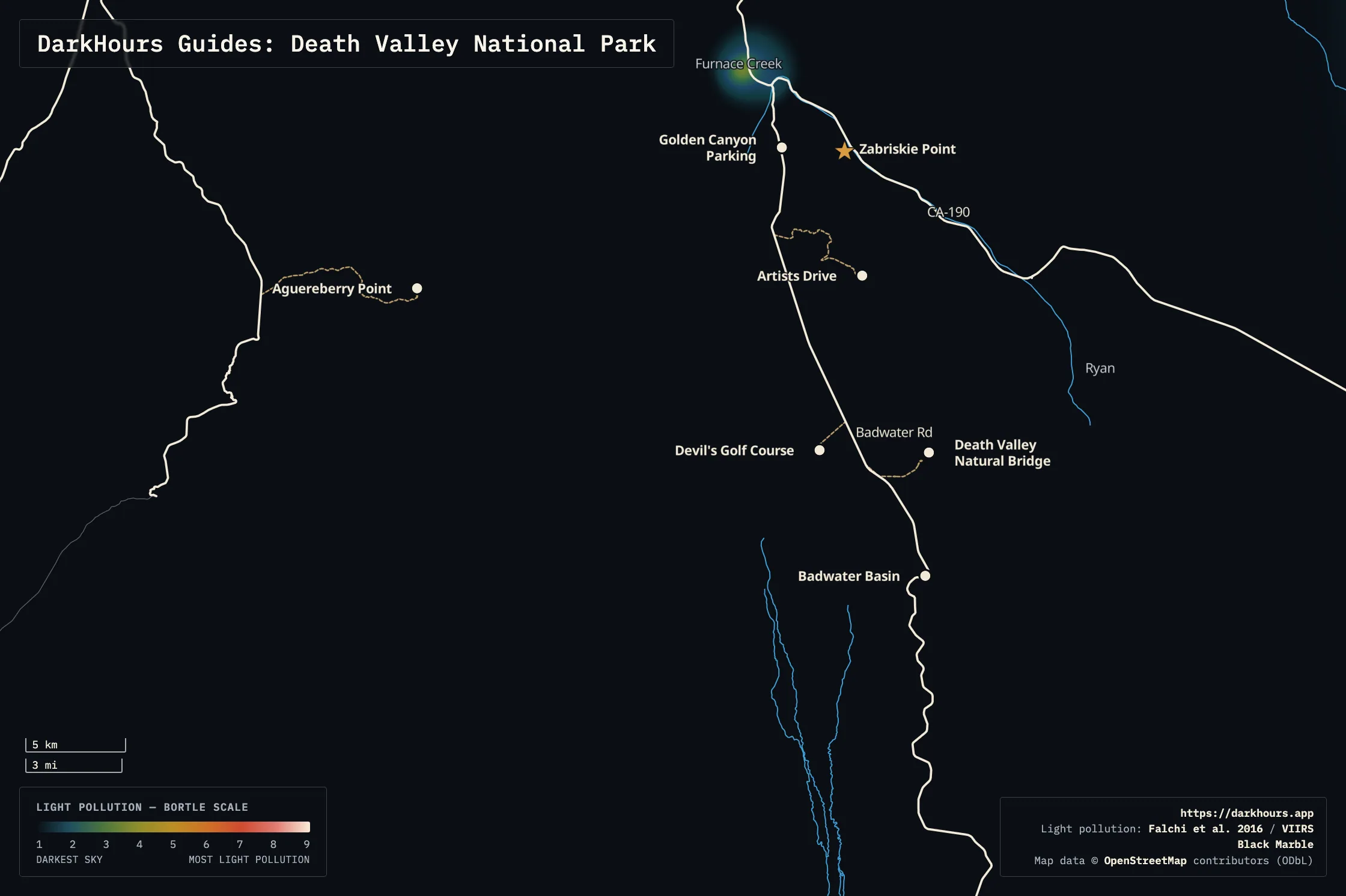 Death Valley National Park light-pollution map — Bortle class, scouting locations, and roads