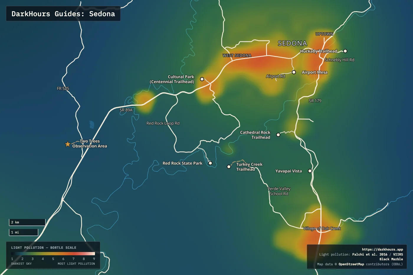 Sedona light-pollution map — Bortle class, scouting locations, and roads